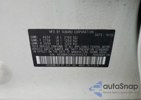 2021 Subaru Legacy Premium z USA, uszkodzony, nr VIN 4S3BWAC6XM3004378